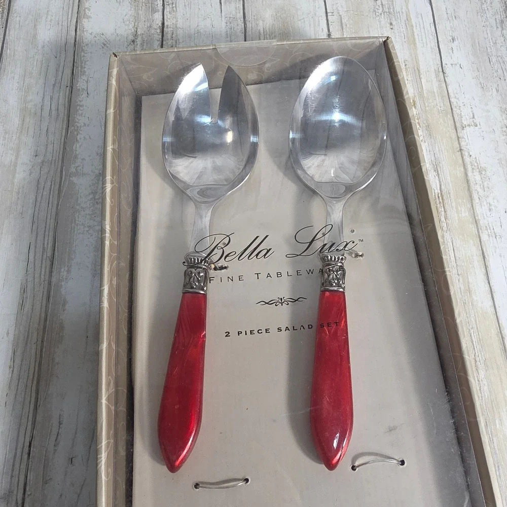 Bella Lux Fine Tableware 2 Piece Salad Set Cameo Red Marbled Handles New